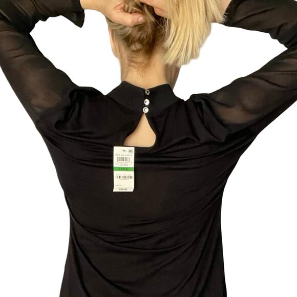 INC Black Sheer Turtleneck | Mesh Sleeves | Rhinestone Button | NWT | L - Picture 2 of 12